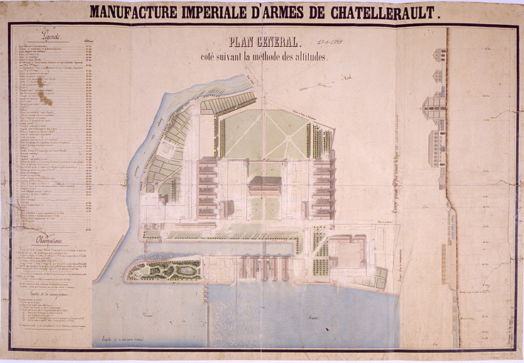 Usine d'armes, dite manufacture d'armes de Châtellerault - Plan général côté suivant la méthode des altitudes, par le contrôleur Cornevin, le 18 juin 1859. Ech 1/1000, encre et lavis sur papier.