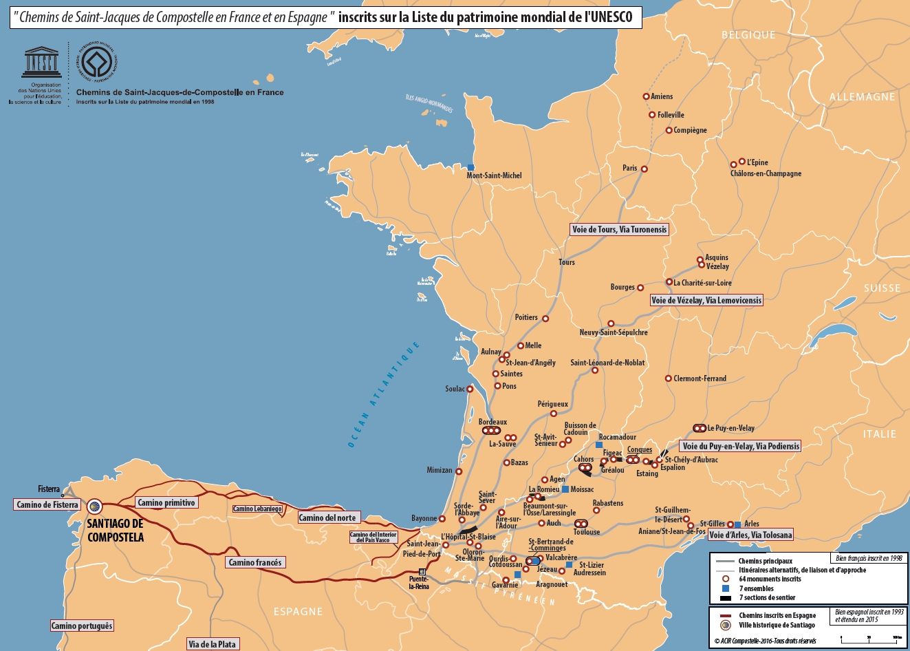 Carte  des chemins de Saint-Jacques-de-Compostelle en France et en Espagne, inscrits sur la liste du patrimoine mondial.