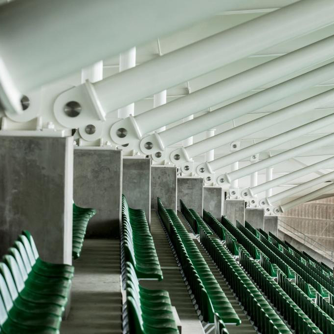 Stade du Hammeau, Détail de la poutraison métallique des tribunes. © Région Nouvelle-Aquitaine, Inventaire général du patrimoine culturel - , © Ville de Pau - Photographe : L'Atelier d'Hervé